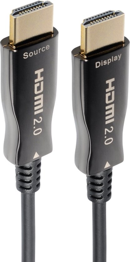 Twee gouden HDMI 2.0 connectoren op een zwarte kabel, één gemarkeerd als 'Source'