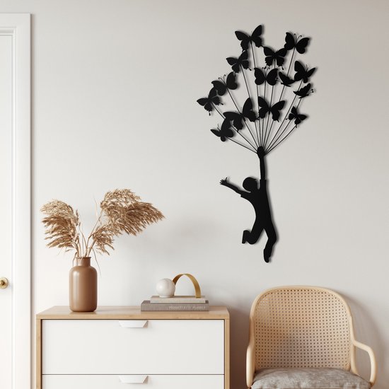 Wanddecoratie | Vliegen met Vlinders / Flying with Butterflies| Metal - Wall Art | Muurdecoratie | Woonkamer |Zwart| 50x100cm