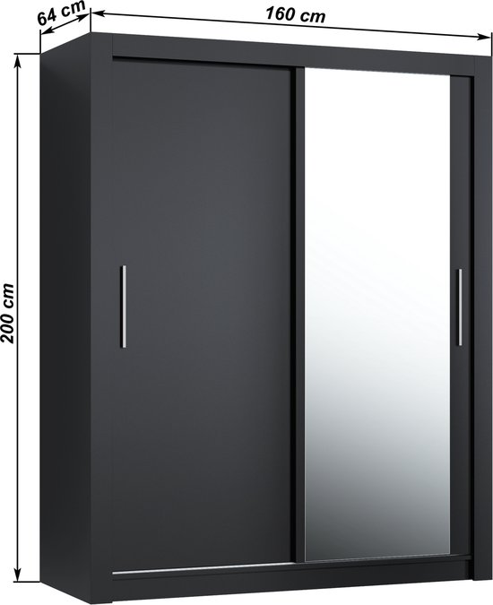 Pro-meubels - Kledingkast Miami - 160cm - Zwart mat - Met spiegel - Garderobekast - Slaapkamer - Schuifdeur