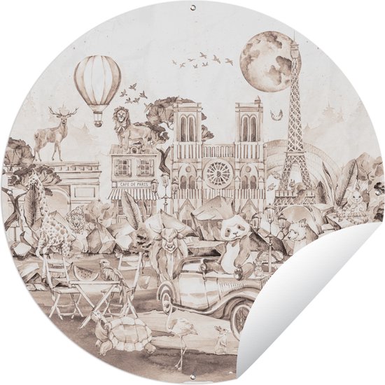 Tuincirkel Kinderen - Parijs - Panda - Dieren - Luchtballon - 60x60 cm - Ronde Tuinposter - Buiten