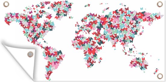 Tuinposter Wereldkaart - Kleuren - Vlinders - Kinderen - Jongens - Meisjes - 60x30 cm - Tuindoek - Buitenposter
