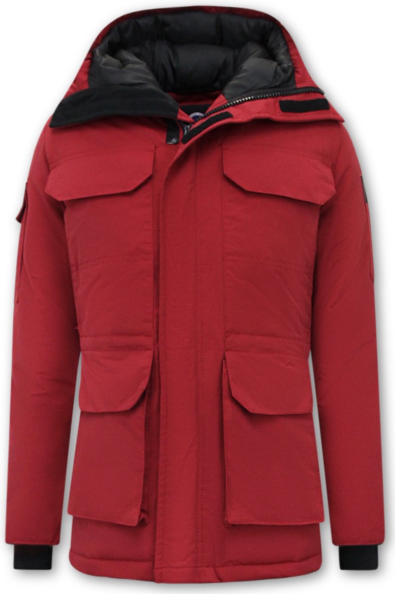 Halflange Mannen Winterjas met Capuchon -7503 - Rood