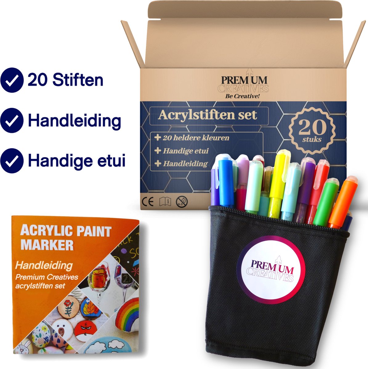 Premium Creatives Acryl Stiften - Happy Stones - Verfstiften - Acrylverf - Tekenset - Stiften - 20 kleuren - Inclusief Etui — afbeelding 7