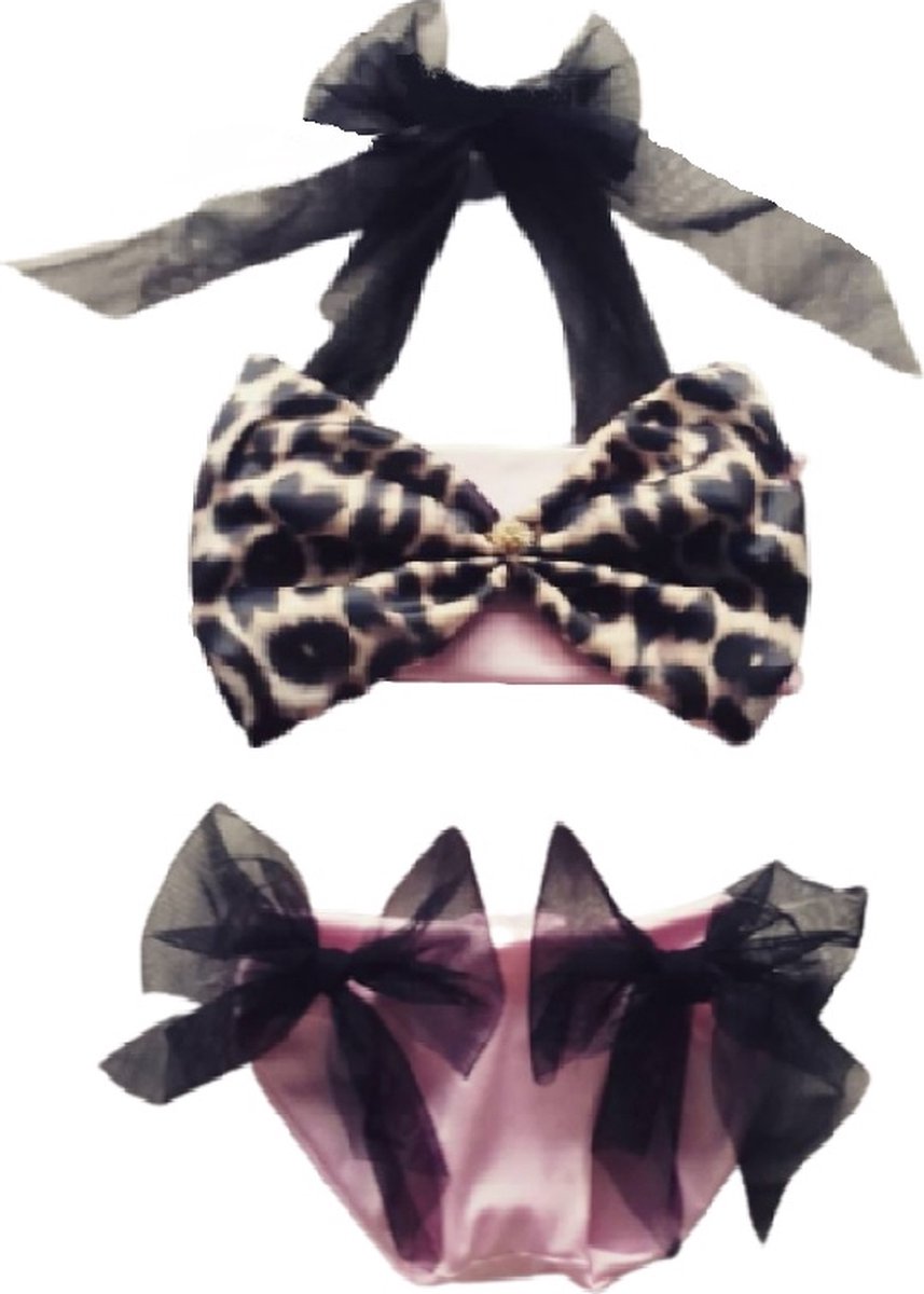Maat 122 Bikini roze tijgerprint strik met zwarte tulle strikjes dierenprint Baby en kind zwemkleding roze