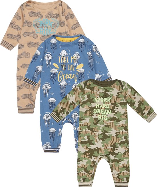 Charlie Choe - 3pack - Boxpakjes - slaappakjes - Bruin met motoren - Blauw met kwalletjes - Groen Bruin camo - Maat 74