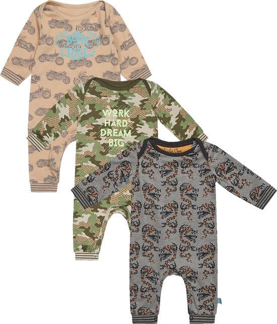 Charlie Choe - 3pack - Boxpakjes - slaappakjes - Bruin met motoren - Groen Bruin camo - Grijs met draken - Maat 74