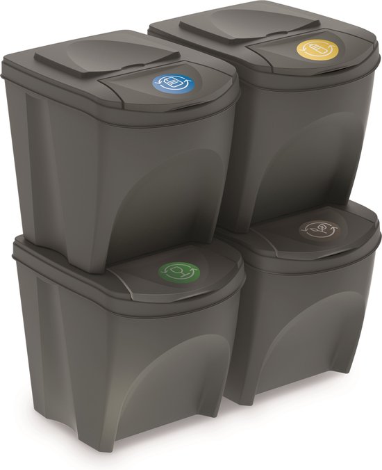 Afvalscheidingsbakken - kunststof - 4x 25 liter - grijs - stapelbaar - 40 x 30 x 34 cm