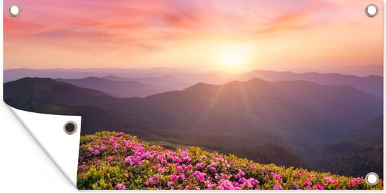 Poster de Jardin Fleurs - Berg - Coucher de soleil - Paysage - 200x200 cm - Toile de jardin