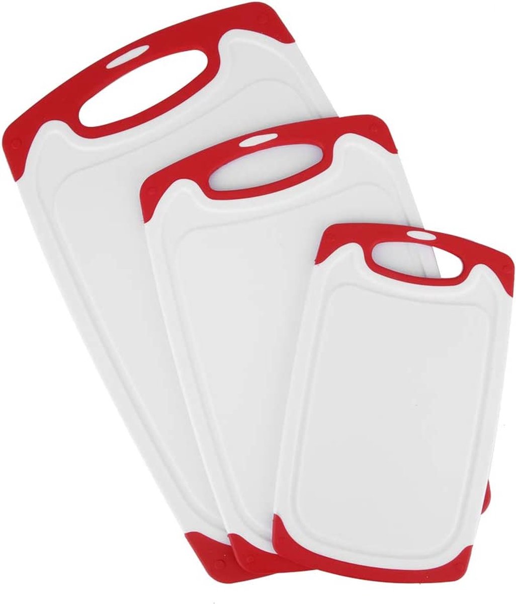 SIDANO snijplanken, set van 3 kunststof snijplanken met sapgleuven en antislip handvatten, antibacterieel, vaatwasmachinebestendig, 3 maten Te gebruiken voor vis, vlees, groente, fruit - wit/rood