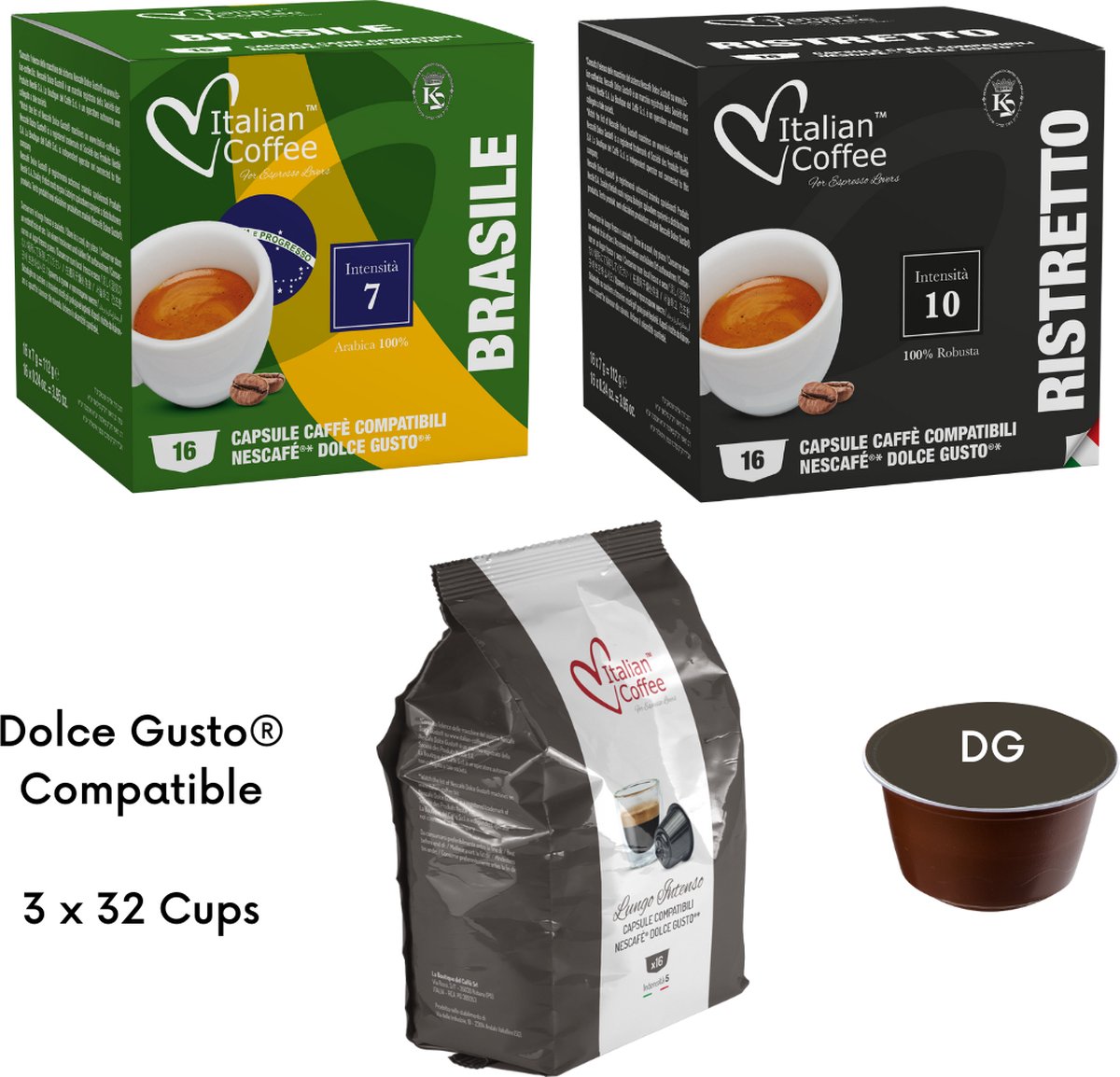 Italian Coffee - Ristretto, Lungo Intenso, Brazilië koffie - Geschikt voor Dolce Gusto Apparaat - 3 x 32 - Proefpakket
