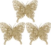 3x Kerstboomversiering op clip vlinders glitter goud 11 cm - kerstfiguren - vlinders