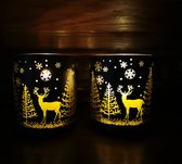 Set van 2 Prachtige theelichtje windlichtjes waxinelichthouders Zwart Goud Kerst met Hert, Kerstbomen en Sterren