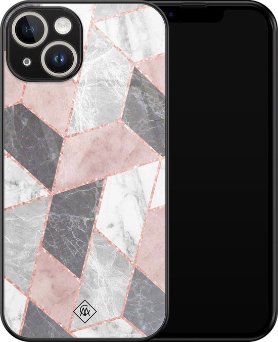 Coque iPhone 14 en verre - Stone grid marble / Abstract marble - Rose - Hard Case Zwart - Coque arrière pour téléphone - Motif géométrique - Casimoda