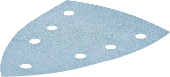 Lichtblauw schuurpapier met zeven perforaties.