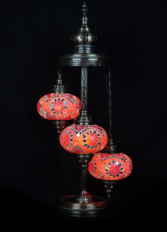 Turkse Lamp - Vloerlamp - Mozaïek Lamp - Marokkaanse Lamp - Oosters Lamp - ZENIQUE - Authentiek - Handgemaakt - Rood/ oranje - 3 bollen
