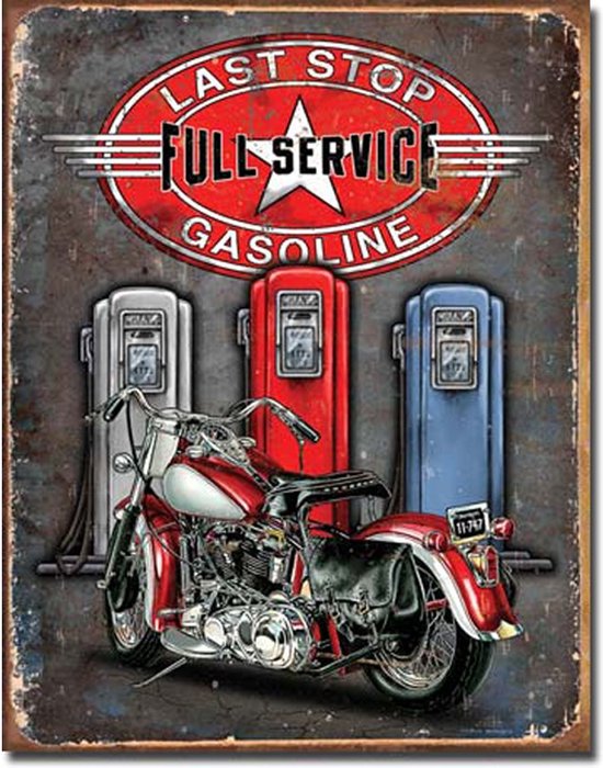 Wandbord - Last Stop Gasoline Full Service - Leuk voor in de garage on de Man Cave