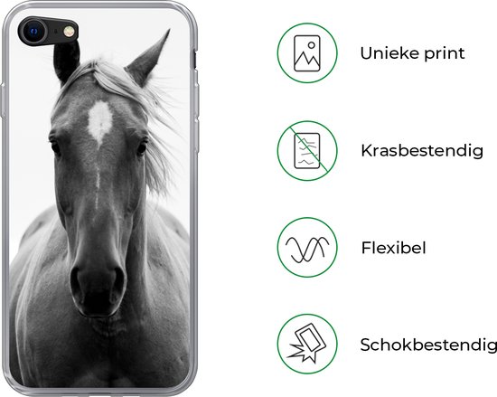 Telefoonhoesje Geschikt voor iPhone 8 hoesje - Paard - Dier - Zwart - Wit - Siliconen Telefoonhoesje