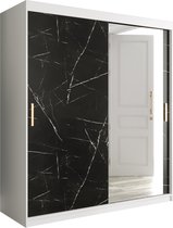 InspireMe - Kledingkast met 2 schuifdeuren, Modern-stijl, Een kledingkast met planken en een spiegel (BxHxD): 180x200x62 - MARMORO T2 180 Wit Mat + Zwart Marmer