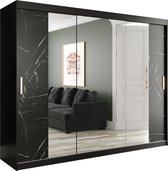 InspireMe - Kledingkast met 3 schuifdeuren, Modern-stijl, Een kledingkast met planken en een spiegel (BxHxD): 250x200x62 - MARMORO T2 250 Zwart Marmer met 4 lades