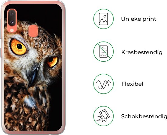 Coque Samsung Galaxy A20e - Hibou - Zwart - Jaune - Siliconen
