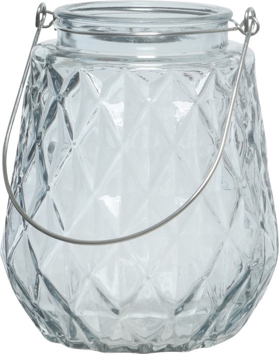 Decoris Waxinelichthouder - ruitjes glas - ijsblauw - metalen handvat - 11 x 13 cm