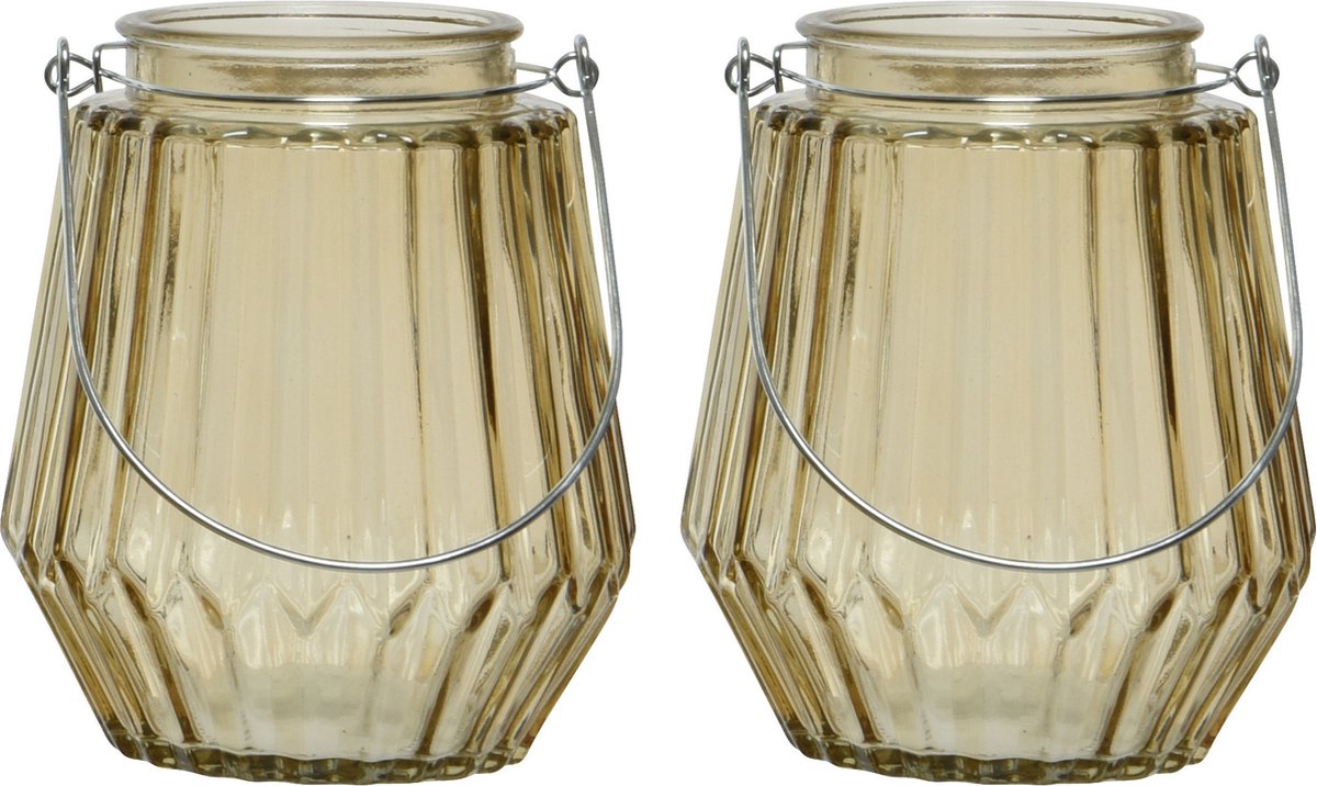 Decoris 2x stuks theelichthouders/waxinelichthouders streepjes glas taupe met metalen handvat 11 x 13 cm - Windlichtjes/kaarsenhouders