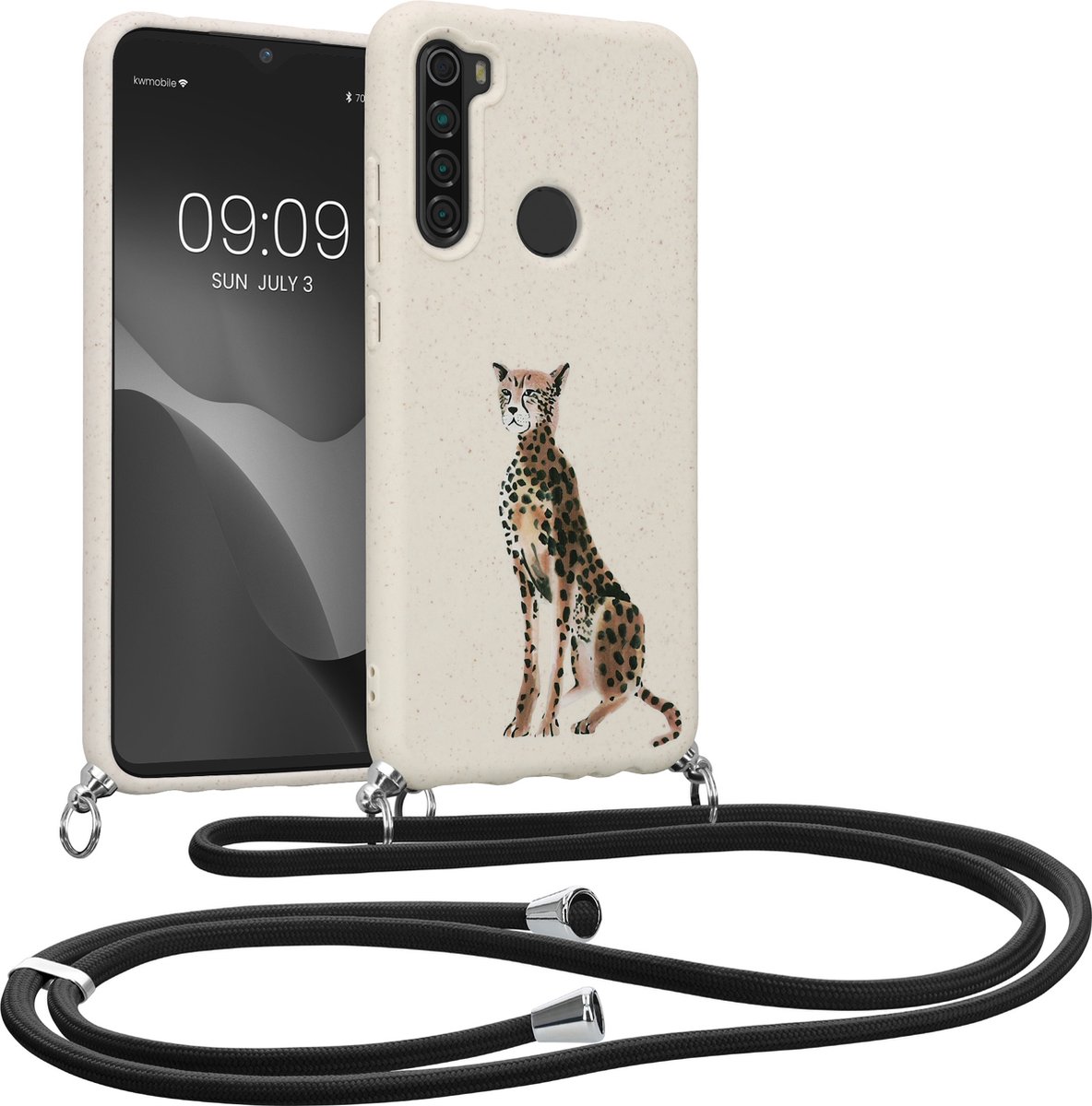 kalibri telefoonhoesje met nekkoord - Hoesje compatibel met Xiaomi Redmi Note 8 (2019 / 2021) - Van tarwe stro en TPU - Jachtluipaard design