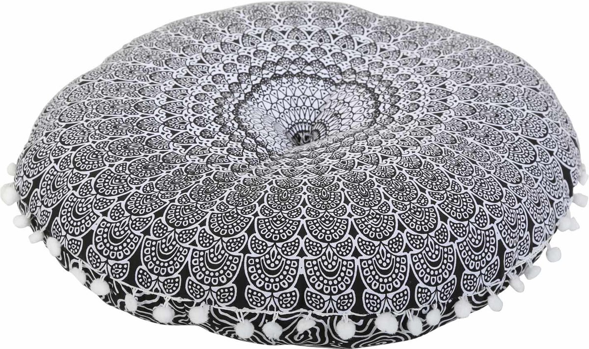 Indiaas yogakussen Mandala Saira zwart wit - Oosters zitkussen