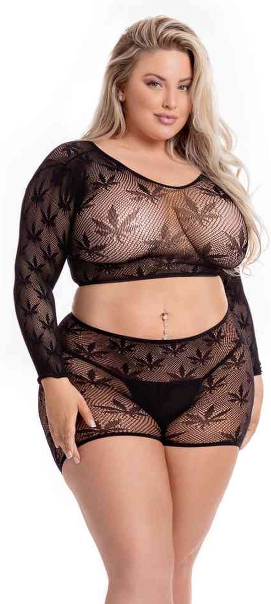 Pink Lipstick Lingerie Top en shorts set Leaf It To Me Short Set Black, Plus Size Zwart