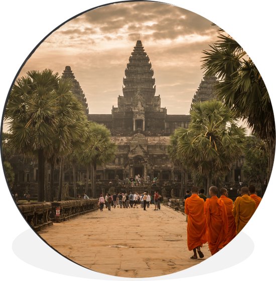 WallCircle - Wandcirkel - Muurcirkel - Lopende monniken richting Angkor Wat - Aluminium - Dibond - 120x120 cm - Binnen en Buiten XXL