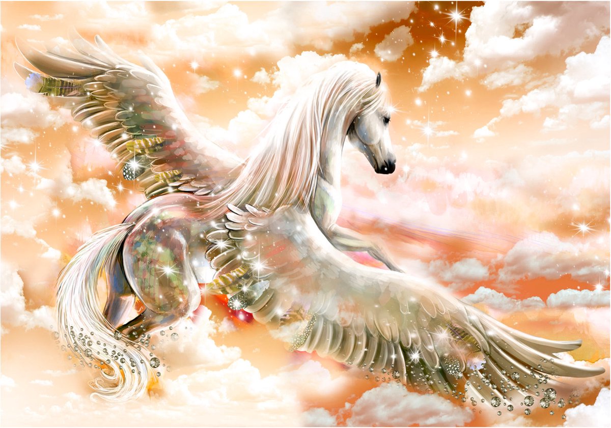 Fotobehangkoning - Behang - Vliesbehang - Fotobehang - Pegasus in de Lucht (Orange) - 400 x 280 cm