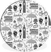 WallCircle - Wandcirkel - Muurcirkel - Patroon van illustraties uit de stad London - zwart wit - Aluminium - Dibond - ⌀ 120 cm - Binnen en Buiten XXL