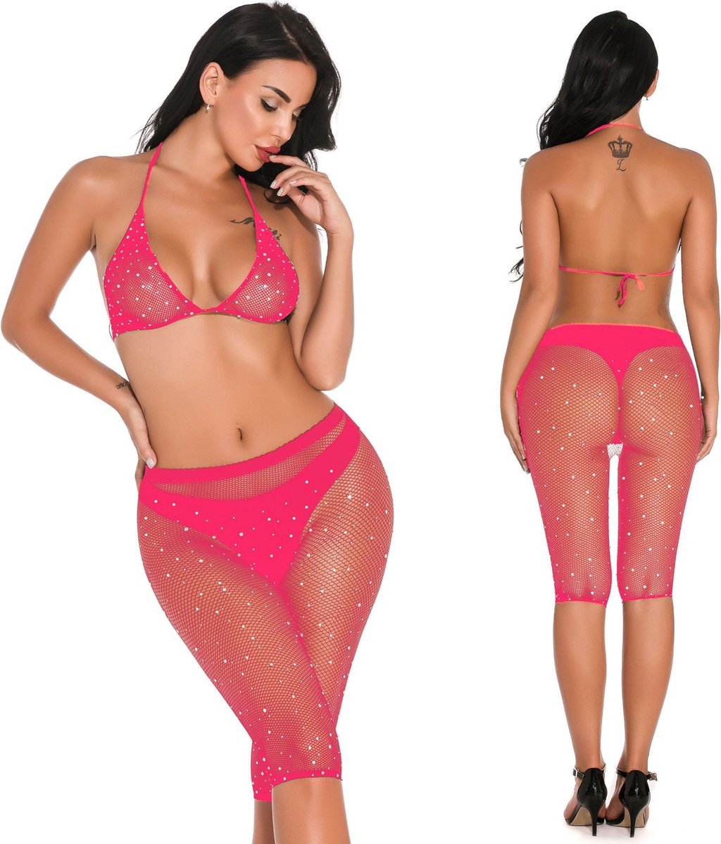 Goedkoopste Glitter bh-set met broek roze - one-size