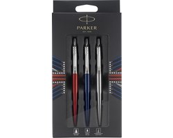 Parker Jotter London Trio Discovery-geschenkset met pennen en potlood: balpen (Koningsblauw), gelpen (Rood Kensington) en vulpotlood (roestvrij staal)