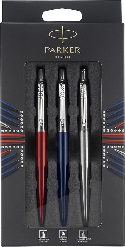 Parker Jotter London Trio Discovery-geschenkset met pennen en potlood: balpen (Koningsblauw), gelpen (Rood Kensington) en vulpotlood (roestvrij staal)