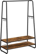 Hoppa! kledingrek, kapstok, garderobe, 2 legplanken, 6 haken in S-vorm, stalen frame, voor slaapkamer, hal, entree, industrieel ontwerp, vintage bruin-zwart