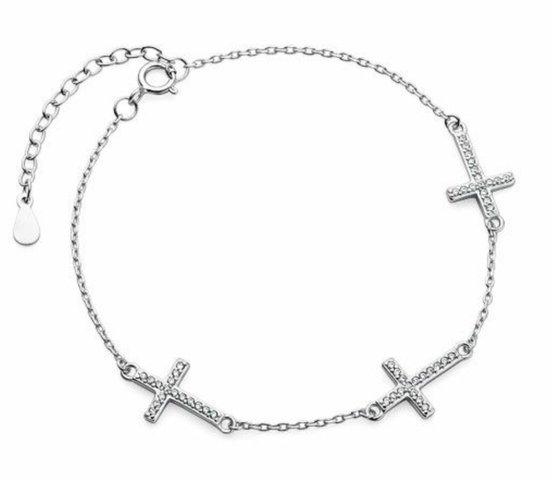Joy|S - Zilveren kruis armband - 3 kruisjes - zirkonia - gehodineerd