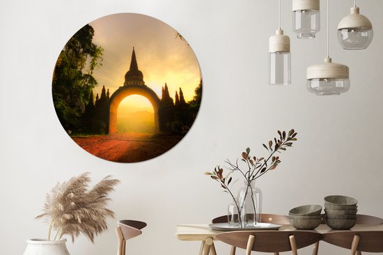 Lever de soleil à travers une arche de pierre. Cercle mural en aluminium ⌀ 140 cm