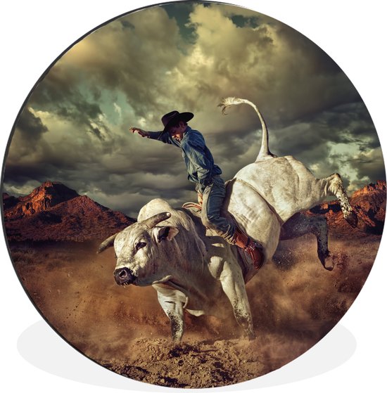 WallCircle - Wandcirkel - Muurcirkel - Een cowboy op een stier - Aluminium - Dibond - ⌀ 60 cm - Binnen en Buiten