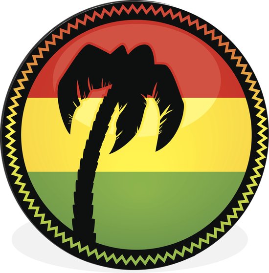 WallCircle - Wandcirkel - Muurcirkel - Een illustratie van een palmboom met een reggae vlag - Aluminium - Dibond - ⌀ 140 cm - Binnen en Buiten