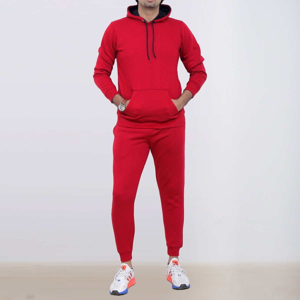 ICONICX Mens Plain Tracksuit Fleece Pullover Hoodie Pants Hooded Sweatshirt with Trousers Cotton Jogging Suit Exercise, Fitness, Boxing MMA, RED
