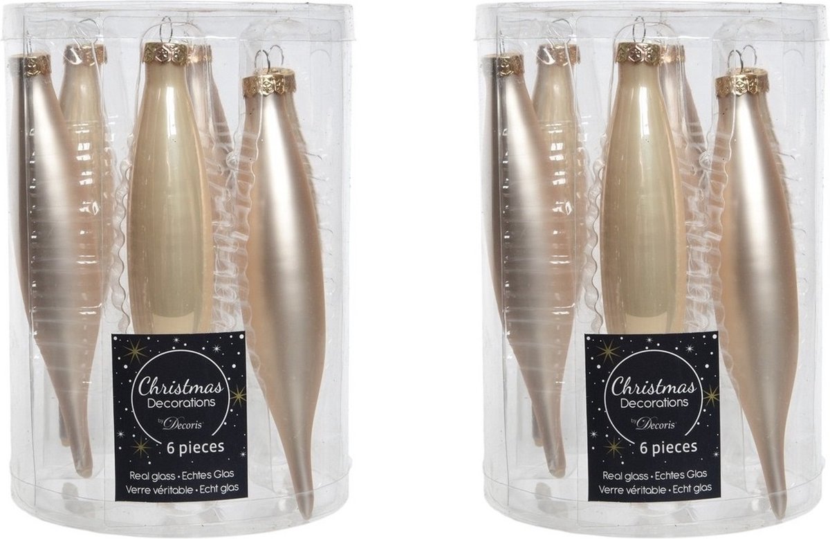 Decoris kerstbal pegels - 12x - parel champagne - D15 cm - glas - kersthangers - ijspegels - kerstversiering Beige
