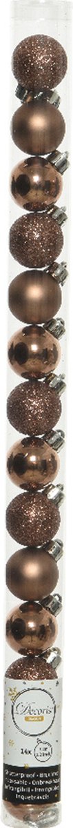 Decoris Mini kerstballen - 14x st - walnoot bruin - D3 cm - kunststof - kerstversiering