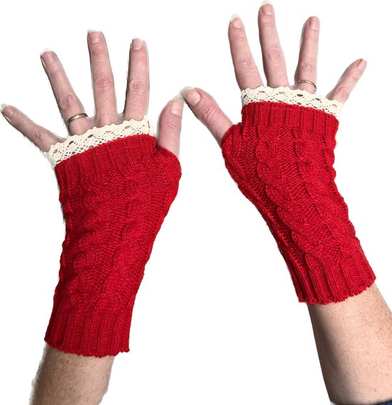 Vingerloze Handschoenen Dames - Rood - Polswarmers met Kant - Warme handen bij handwerken, computerwerk, wandelen