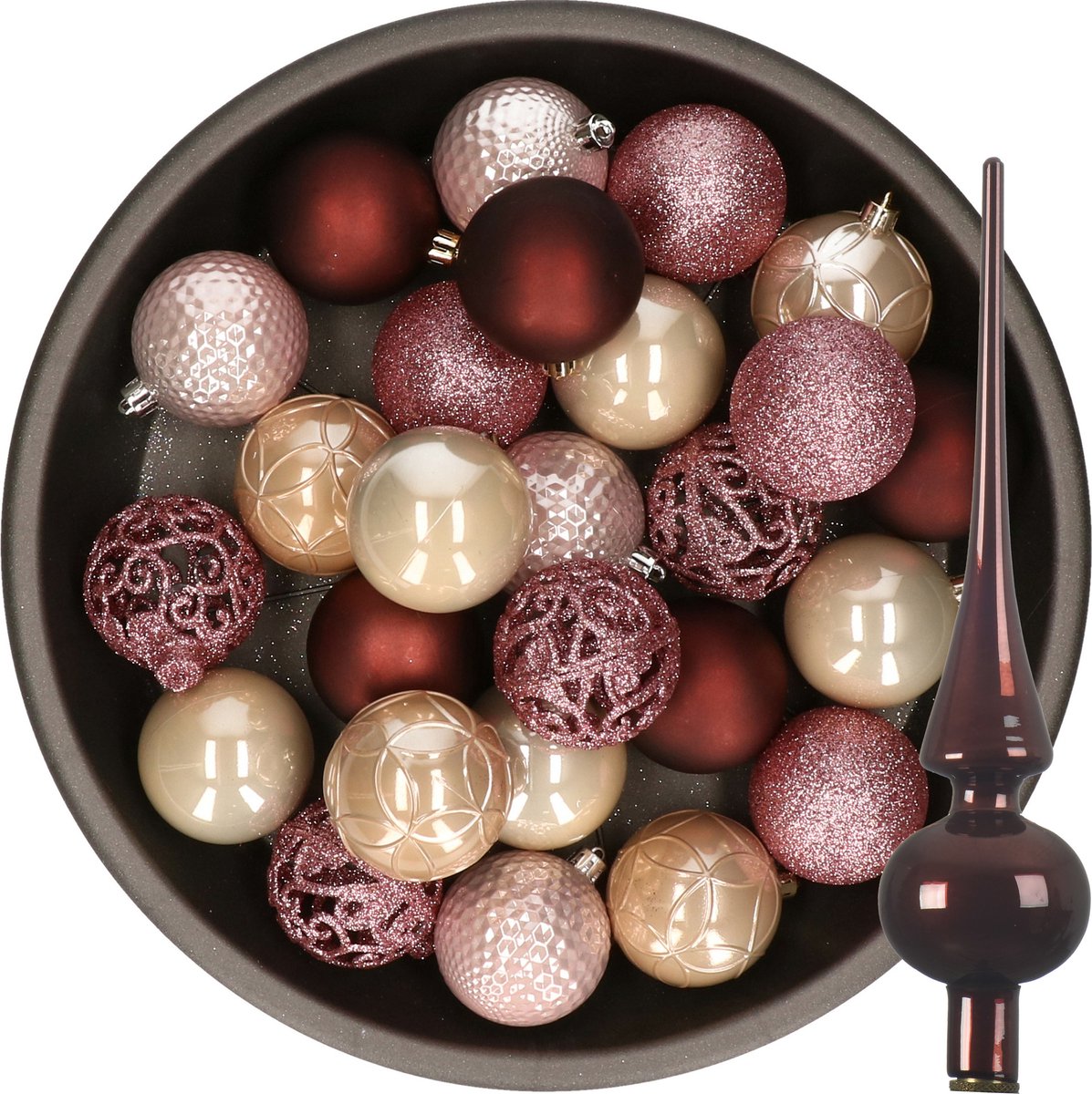 Decoris Kerstballen - 37x ST - kunststof - 6 cm - roze en bruin tinten - met glazen piek