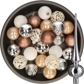 Decoris Kerstballen - 37x ST - kunststof 6 cm - bruin-zilver-wit - met glazen piek