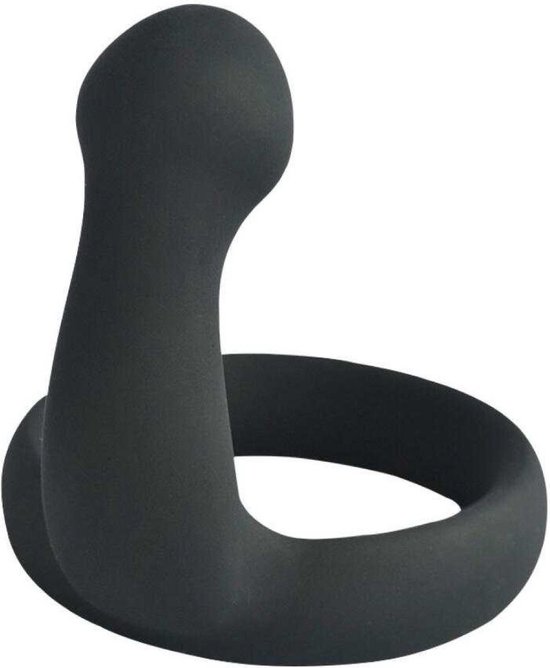 Zwarte, gebogen penisring met een bolletje aan het uiteinde.