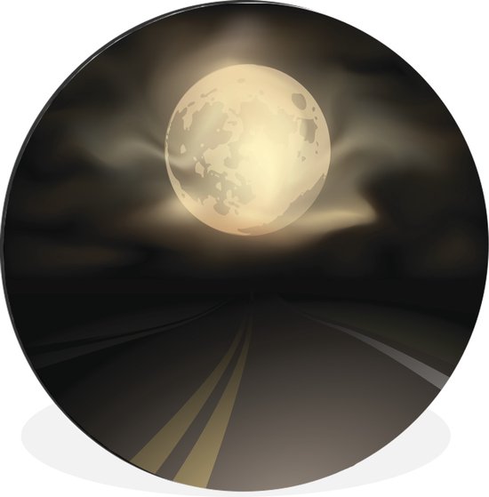 WallCircle - Wandcirkel - Muurcirkel - Een illustratie van een snelweg in de nacht onder de maan - Aluminium - Dibond - ⌀ 90 cm - Binnen en Buiten