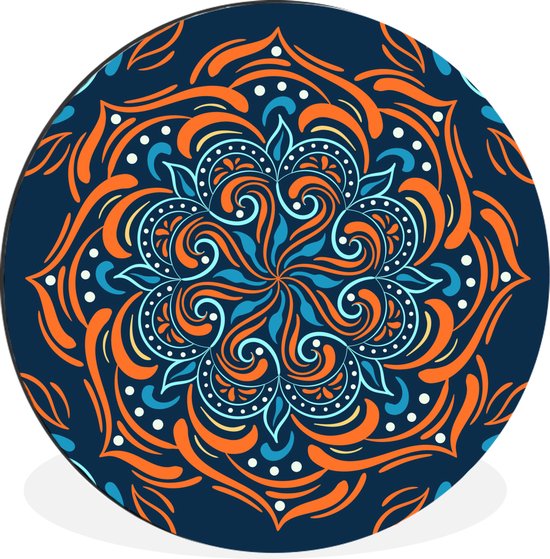 Motif carré avec un mandala détaillé et orange sur fond bleu foncé Cercle mural aluminium - ⌀ 90 cm - tableau rond - tirage photo sur aluminium / dibond / cercle mural / cercle vivant / cercle jardin (décoration murale)