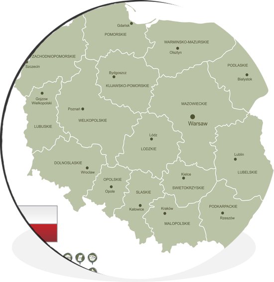 WallCircle - Wandcirkel - Muurcirkel - Illustratie van een gedetailleerde kaart van Polen - Aluminium - Dibond - ⌀ 60 cm - Binnen en Buiten